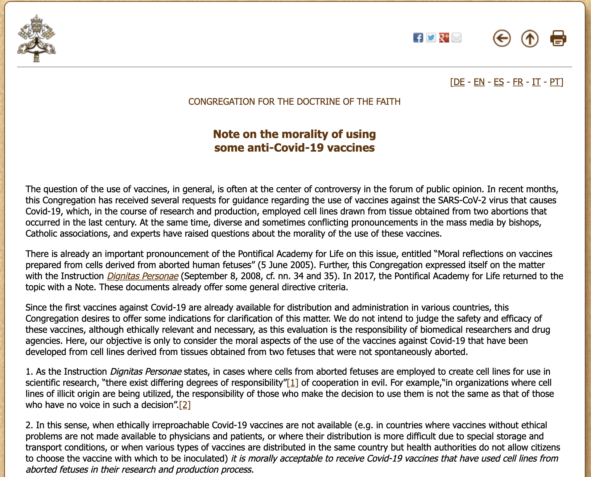 CONGREGATION FOR THE DOCTRINE OF THE FAITH – Note on the morality of using some anti-Covid-19 vaccines
